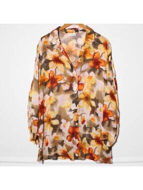 Ulla Popken Tropical Floral Button Front Tunic Top Orange Brown Sheer Coverup XL
